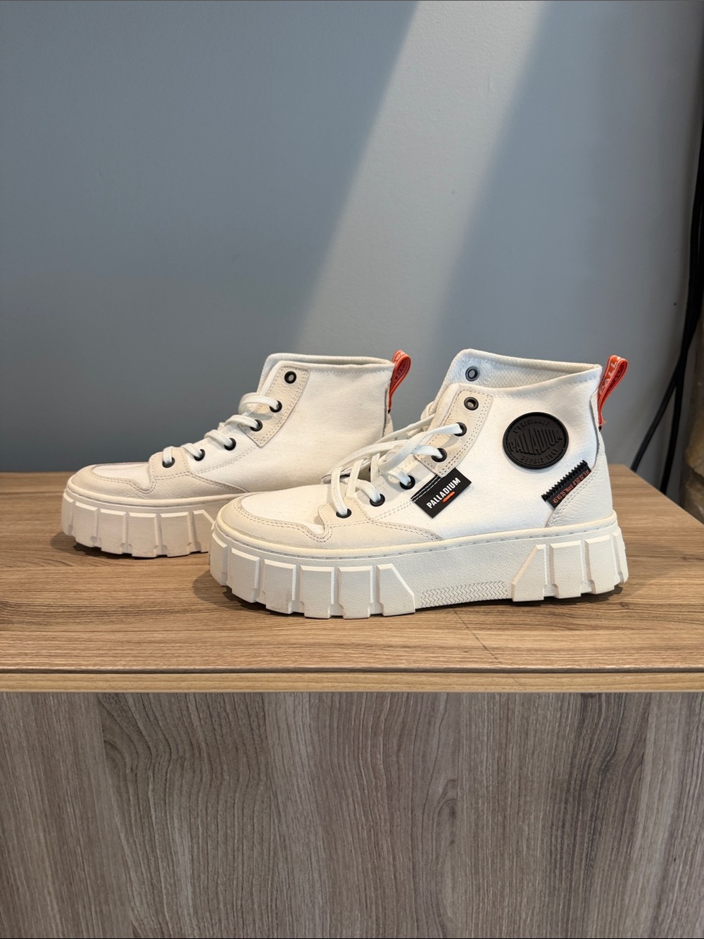 Palladium Women's White High-Top Platform Sneakers with Orange Heel Tab